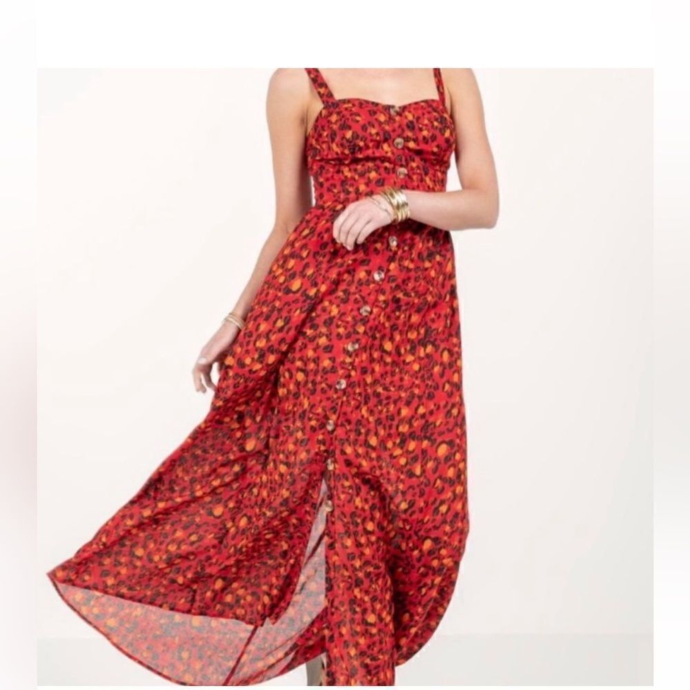 ALYA from Francesca's red cheetah leopard print button front maxi dress size XS